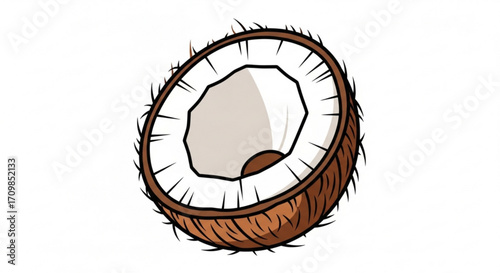 A halved coconut, showcasing its brown shell, white flesh, and the small brown seed inside the shell