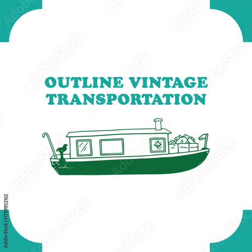 Outline Vintage Transportation Boat Illustration.