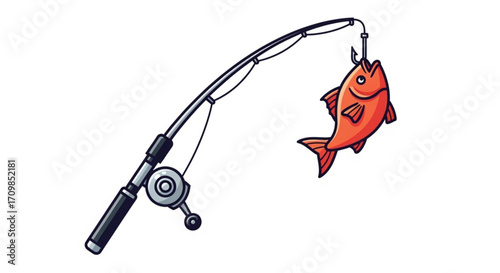 Cartoon fishing rod with a red fish on a hook fishing equipment and fishing concept design