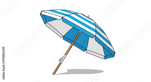 Illustration of a beach umbrella, a blue and white striped sunshade for relaxing on the beach
