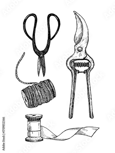 Flower Shop. Florist. Hand-drawn illustration of objects. Ink. Vector	