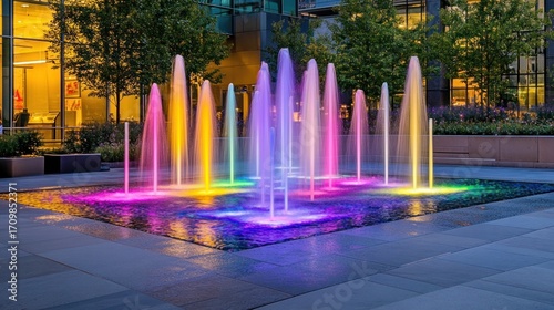 Colorful fountain in a city plaza