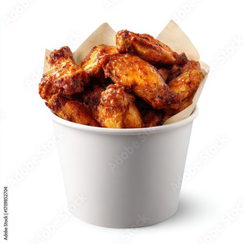 Crispy chicken wings in a white paper bucket