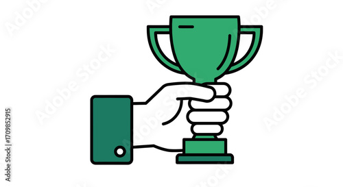 A hand wearing a green sleeve holds up a green trophy with two handles.
