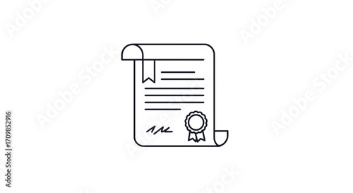 Line art illustration of a certificate or diploma with ribbons and seal.