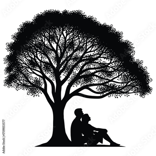 Romantic couple silhouetted under a large detailed tree silhouette love story art silhouette