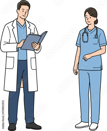Doctor and nurse collaboration, medical professionals in clinical setting, healthcare teamwork pose, hospital staff illustration, vector wellness concept