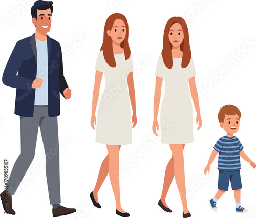Family group illustration, cartoon characters, walking together, fashion styles, casual outfit, family outing, character design, bonding moment, lifestyle scene, togetherness
