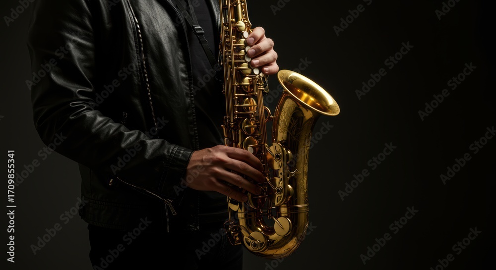 Fototapeta premium Golden saxophone held by musician wearing a leather jacket against a dark background perfect for music enthusiasts and instrument lovers