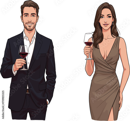 Elegant celebration illustration, cartoon characters, wine glasses, formal attire, social event, character design, party vibe, success toast, evening style, sophistication