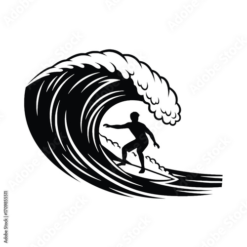 Dynamic silhouette of a surfer riding a powerful ocean wave under a cresting swell silhouette