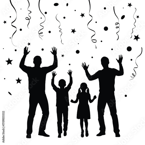 Joyful family silhouette celebration with falling confetti and streamers vector art silhouette