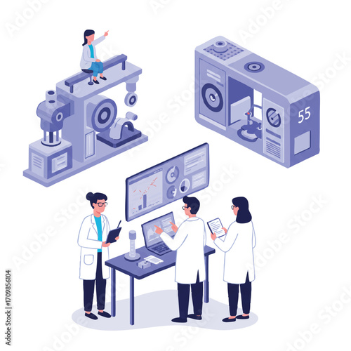 Scientists and engineers actively collaborate in a vibrant 2D flat vector research and development lab, analyzing data on a digital screen with industrial machinery prototypes in the background.