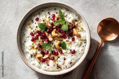 Creamy curd rice bowl with mustard seeds, pomegranate, coriander and copper spoon
