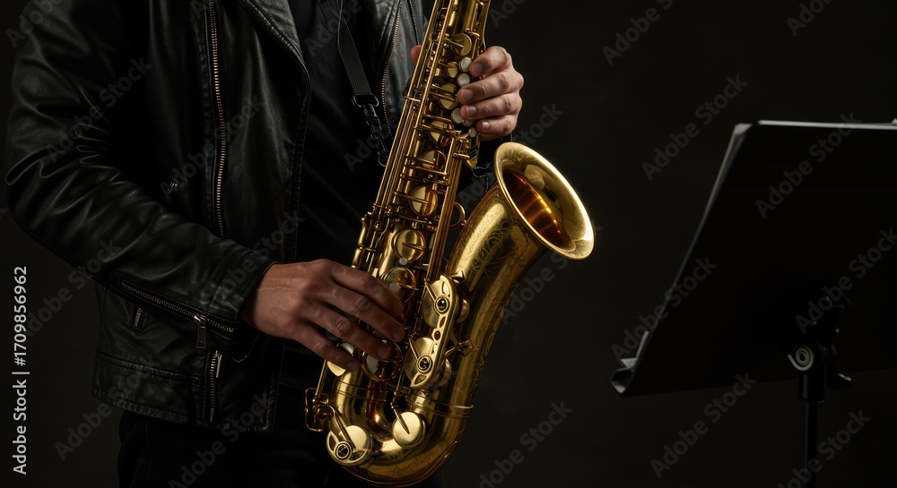 Naklejka premium Musician plays elegant gold saxophone in dark studio spotlighting jazz music concert performance and soulful artistry