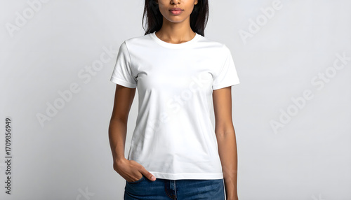 A woman in a white t-shirt stands facing the camera, hand in pocket.