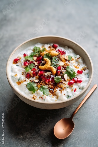 Creamy curd rice bowl with mustard seeds, pomegranate, coriander and copper spoon