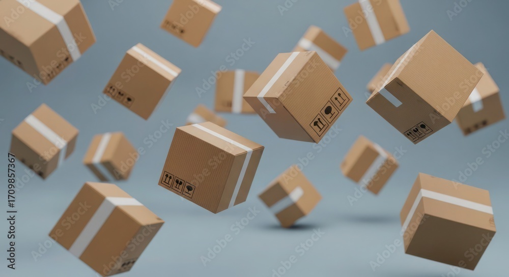 Fototapeta premium Cardboard boxes in various sizes are floating against a soft, blurred background, suggesting delivery.