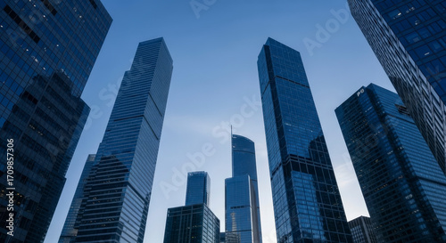 Low Angle View of Gray Skyscrapers Against Clear Blue Sky in Urban Landscape with Modern Architecture and Sunlight Creating a Sense of Awe and Wonder