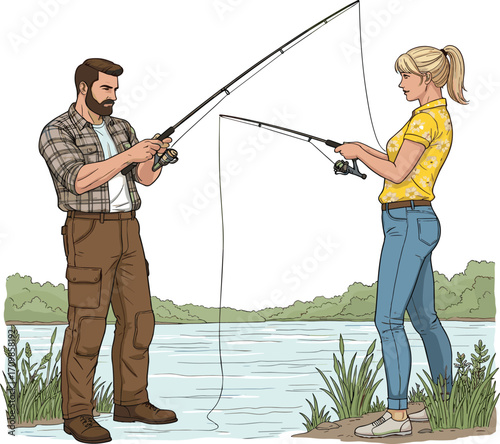 Fishing illustration, cartoon people, outdoor activity, nature scene, plaid shirt, floral outfit, character design, lake view, peaceful moment, recreation