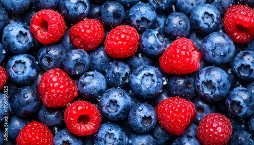 Fresh blueberries and raspberries with water drops with healthy food background.