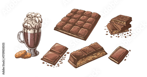 Hand drawn vintage sketch set of chocolate bars, pieces, candy bar, hot chocolate with marshmallow and cookies