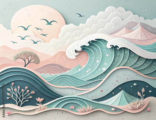 Soft Pastel Layered Paper Cut Waves Background