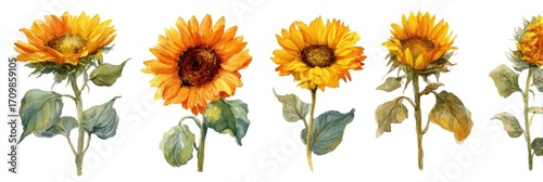 Watercolor illustration of four sunflowers