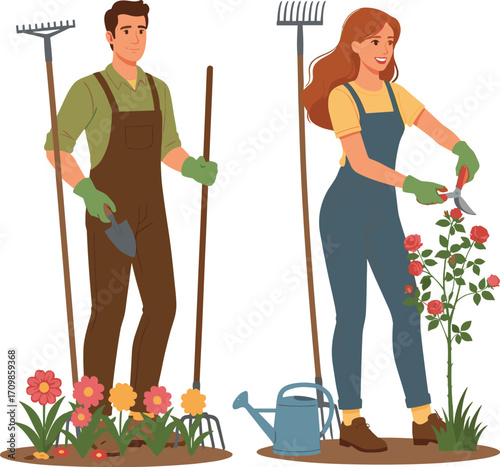 Gardening illustration, cartoon people, flower care, pruning shears, garden tools, teamwork outdoors, nature activity, colorful plants, casual outfit, spring scene