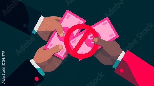 Conceptual Illustration of Handshake with Money and Prohibition Sign in Dark Background