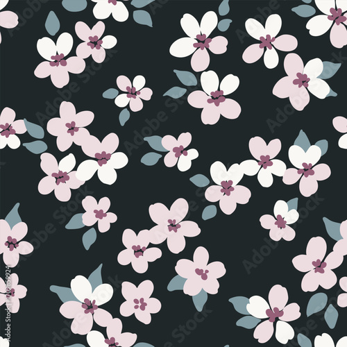 Seamless floral pattern, liberty ditsy print of tiny white daisies on dark background. Delicate botanical design of small hand drawn flowers, leaves, mini pretty simple plants. Vector illustration.
