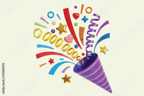 Purple party popper explodes colorful confetti streamers stars rings festive celebration fun