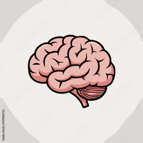 Cartoon illustration of a human brain, side view, showing its folds and structure.