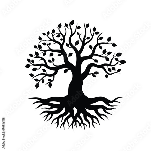 Stylized silhouette tree of life with intricate roots and branches symbolic harmony growth