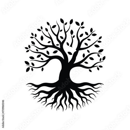 Stylized black silhouette of a majestic tree with intricate branches and deep roots