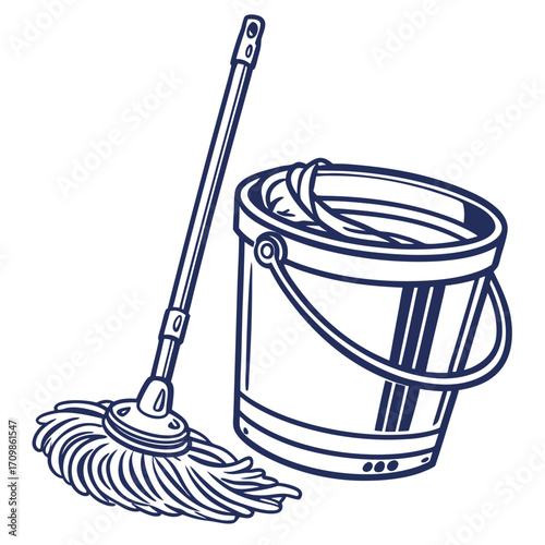 Blue plastic bucket with brush, broom, and cleaning tools on a white background