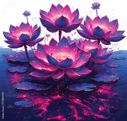 Vibrant glowing lotus flowers blooming on dark water with reflections