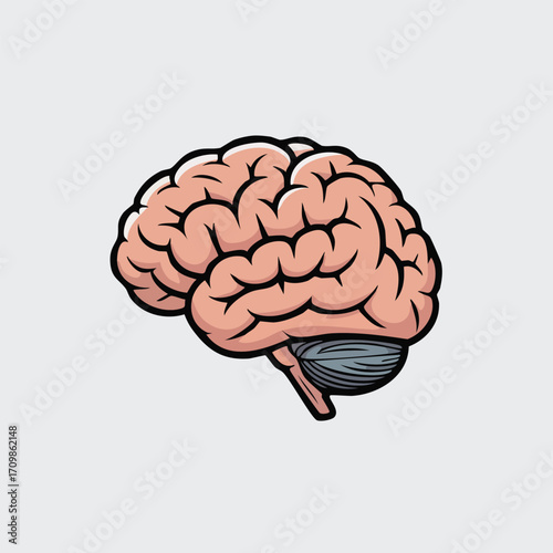 Cartoon illustration of a human brain, side view, showing the cerebral cortex and cerebellum.