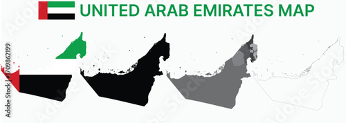 UAE Map with National Flag Illustration – Black Silhouette and Colored Vector Design for Travel and Geography.