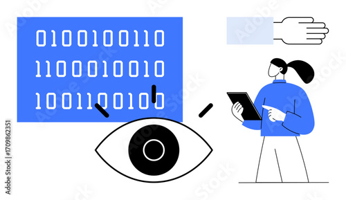 Binary code with magnifying glass and prominent eye symbol, person examining tablet, and abstract hand icon. Ideal for technology, cybersecurity, data analysis, AI, innovation, coding simple landing