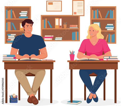 Library study, academic environment, focused students, male and female characters, book reading, writing activity, education concept, study room, learning illustration