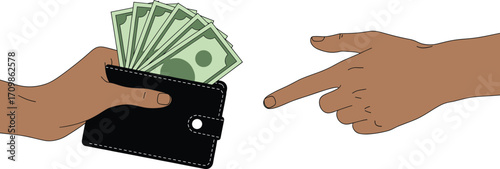 Hand Holding Wallet with Money and Another Hand Pointing, Concept of Payment, Transaction, Finance, and Cash Exchange Illustration