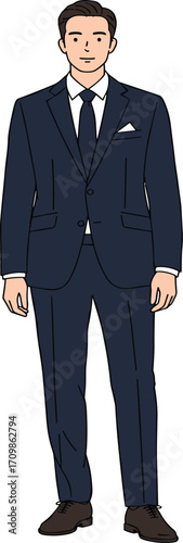 Man in formal suit, business attire pose, professional fashion style, corporate outfit illustration, elegant character design, vector presentation concept