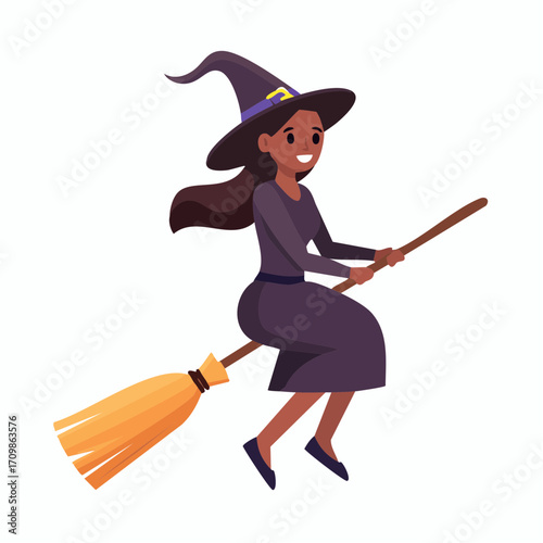 Charming African American witch character flying on a magic broomstick for Halloween