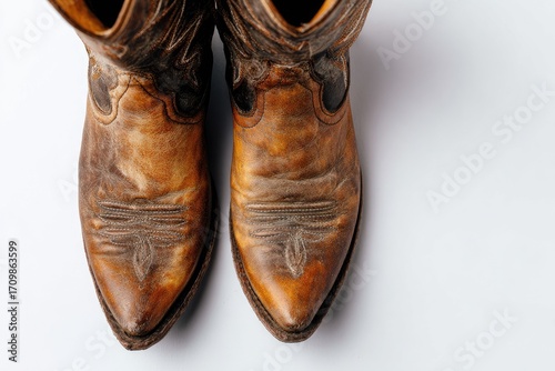 Top-down view of a pair of worn, brown leather cowboy boots.  The boots have intricate tooling and are pointed-toe