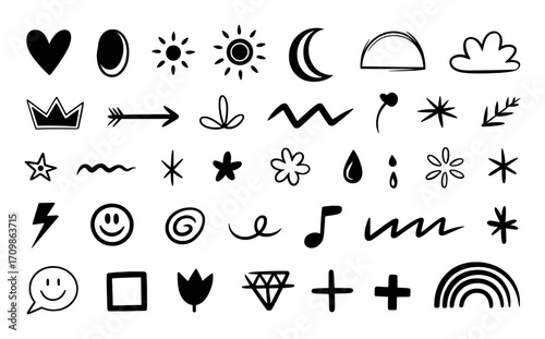 Collection of Hand-Drawn Black Icons: Hearts, Stars, Sun, Moon, and More
