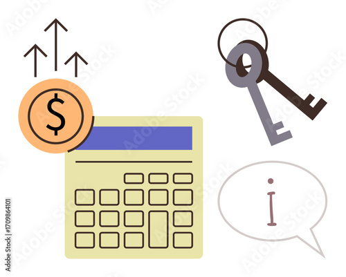 Calculator, rising dollar symbol, keys, and speech bubble emphasize money management, real estate, and informed decision-making. Ideal for finance, investment, business growth loans property