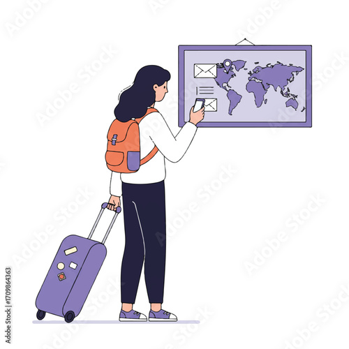 A 2D flat vector illustration shows a female digital nomad with a suitcase, backpack, and smartphone, looking at a world map, symbolizing remote work and travel.