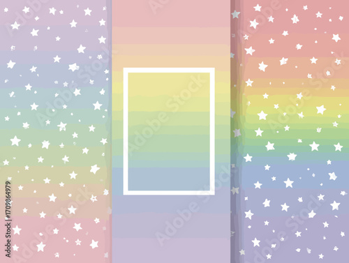 파스텔 무지개 그라디언트 배경: 별과 흰색 프레임 (Pastel Rainbow Gradient Background: Stars and White Frame)