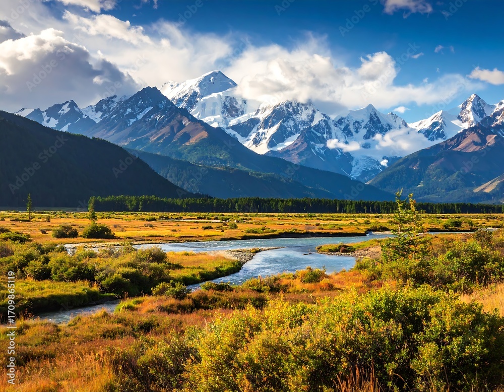Fototapeta premium Majestic alpine valley panorama under a vibrant sky